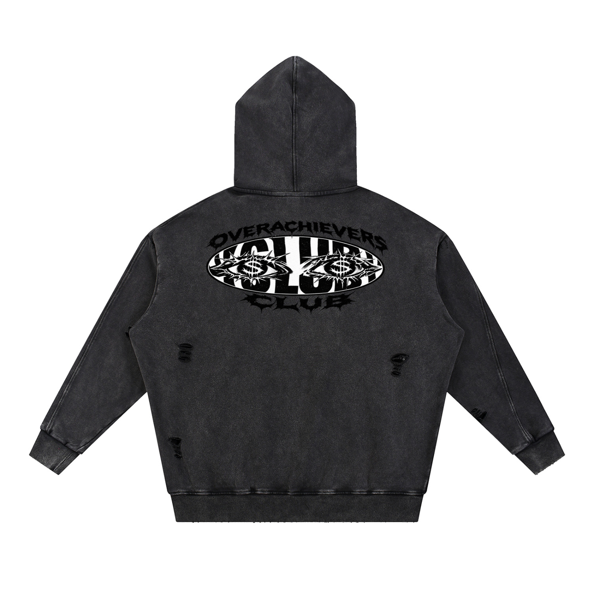Overachievers Club' Snow Washed Distressed Panel Pocket Hoodie