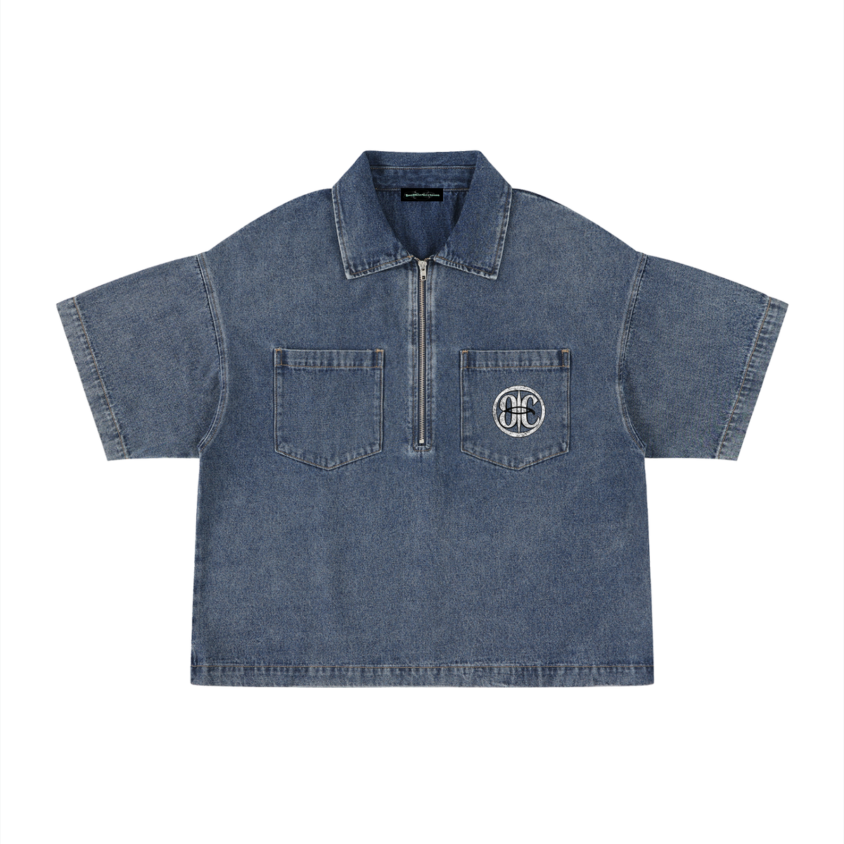 Vintage Wash Boxy Quarter-Zip Denim Shirt