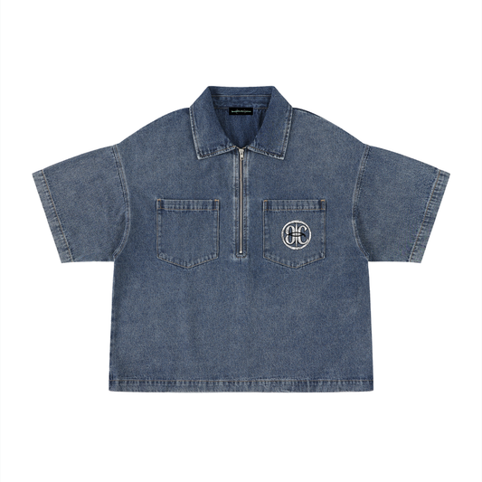 Camisa vaquera boxy con medio cierre y lavado vintage