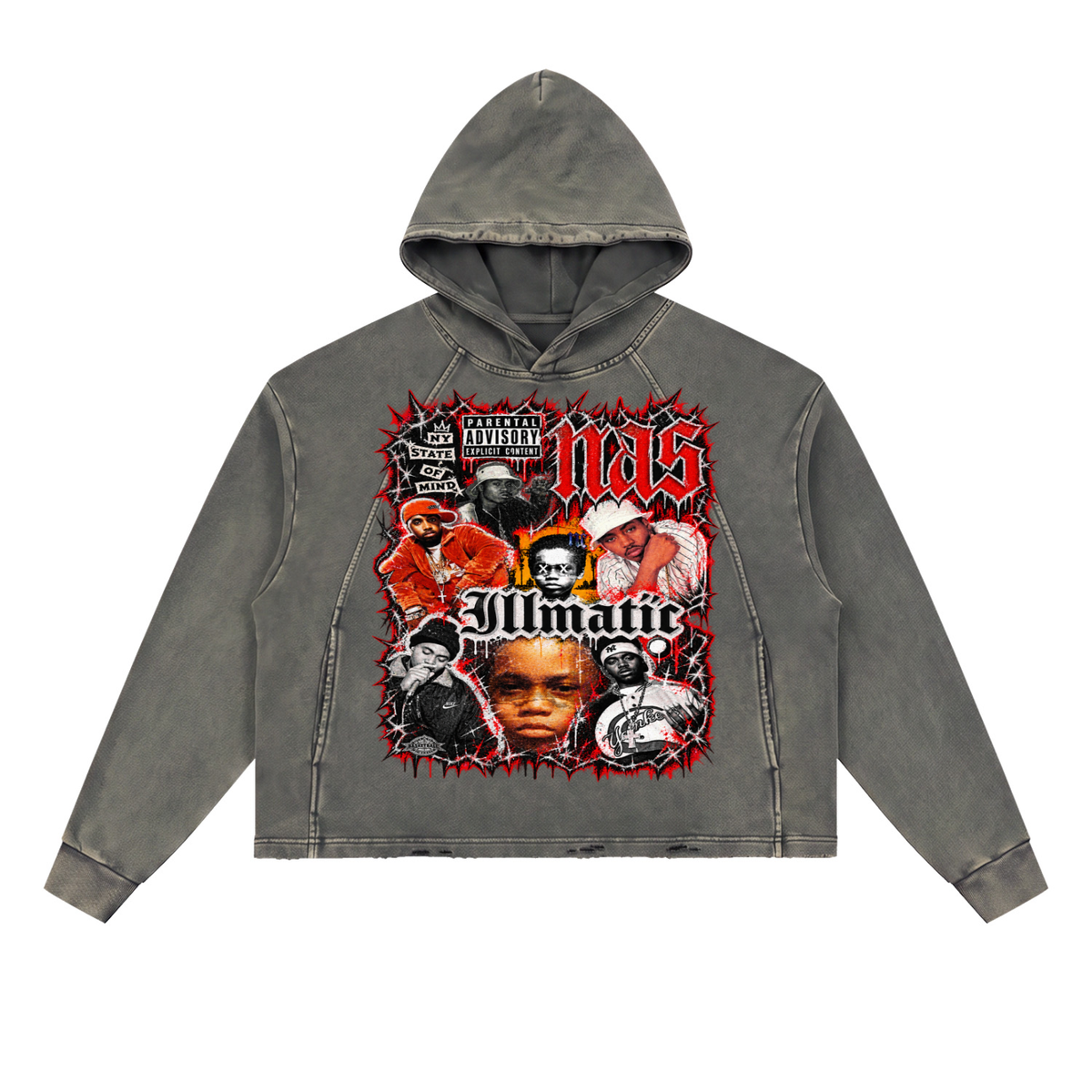 Nas' Vintage Washed Frayed-Hem Hoodie
