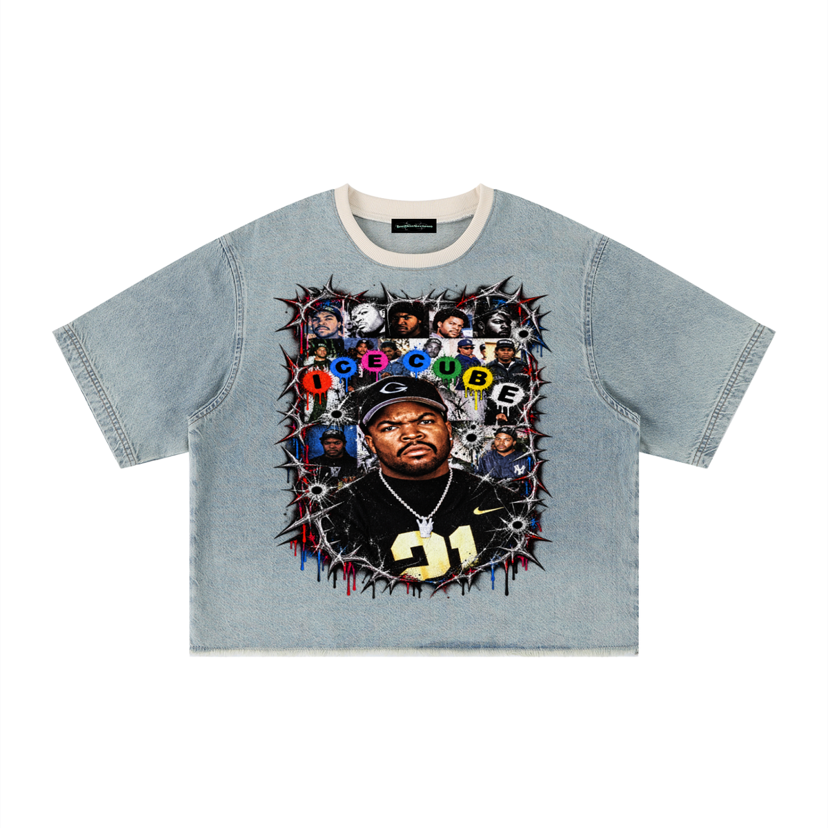 Ice Cube' Vintage Wash Boxy Raw Hem Denim T-Shirt
