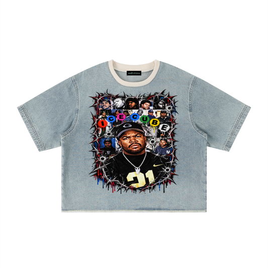 Ice Cube' Vintage Wash Boxy Raw Hem Denim T-Shirt