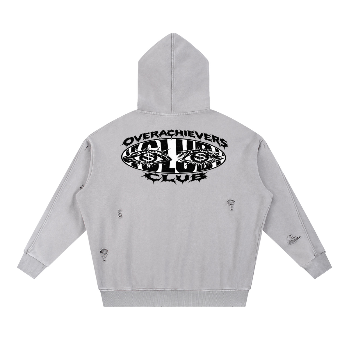 Overachievers Club' Snow Washed Distressed Panel Pocket Hoodie