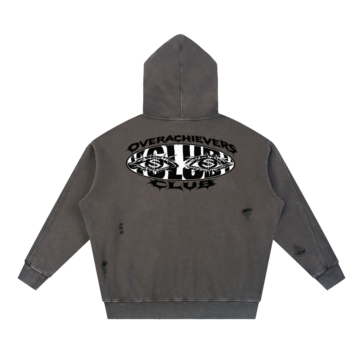 Overachievers Club' Snow Washed Distressed Panel Pocket Hoodie