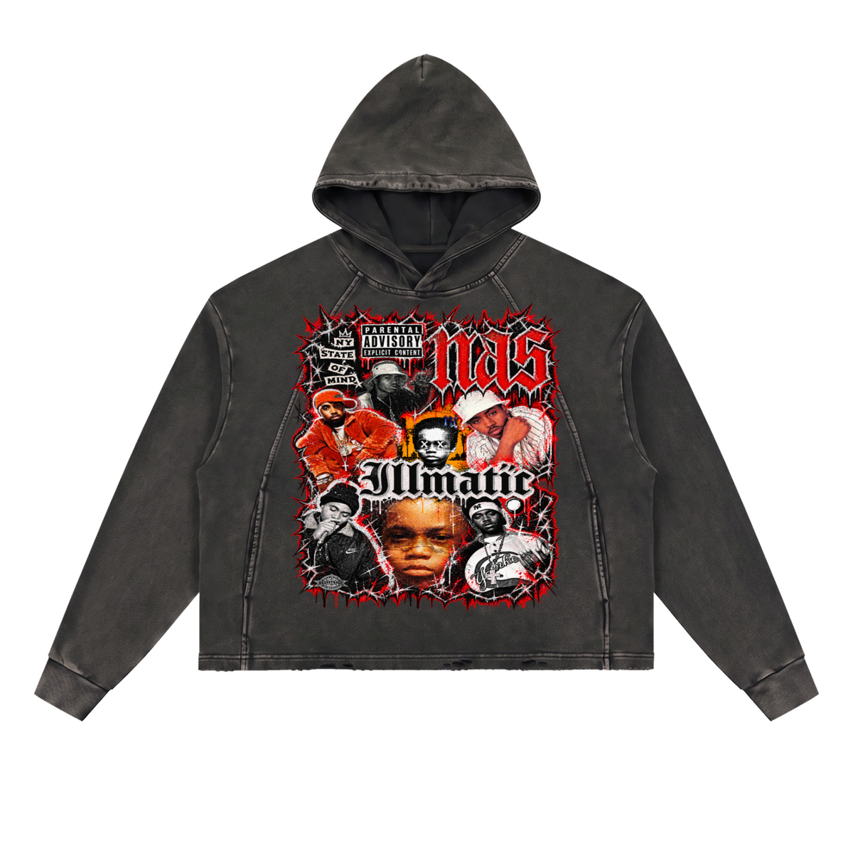 Nas' Vintage Washed Frayed-Hem Hoodie